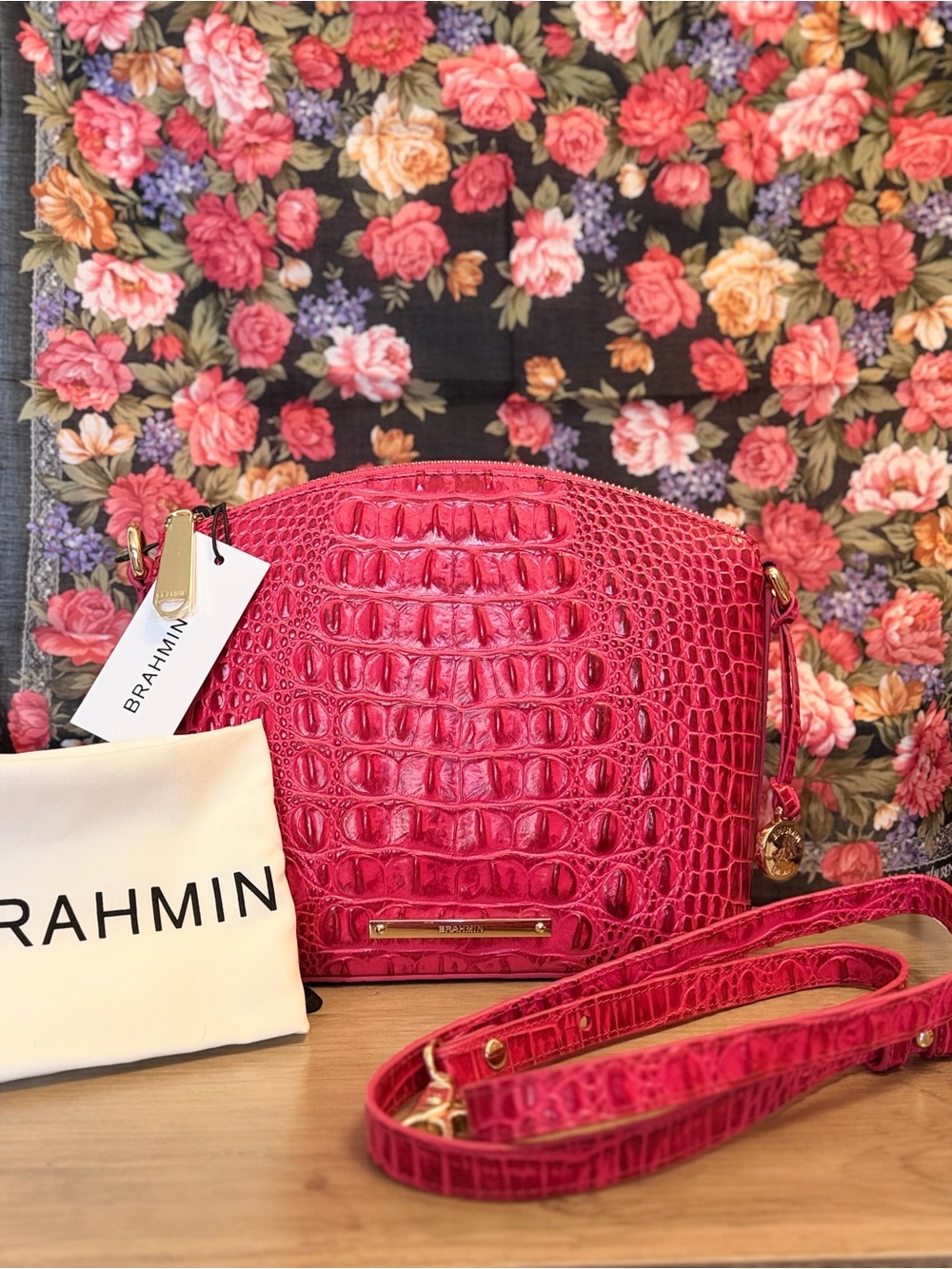 Brahmin Mini Duxbury Crossbody in Bright Pink Croc-Embossed Leather